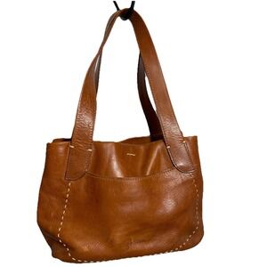 Genten Brown Leather Hobo Shoulder Bag Top Zip Pocket Stitch Detail